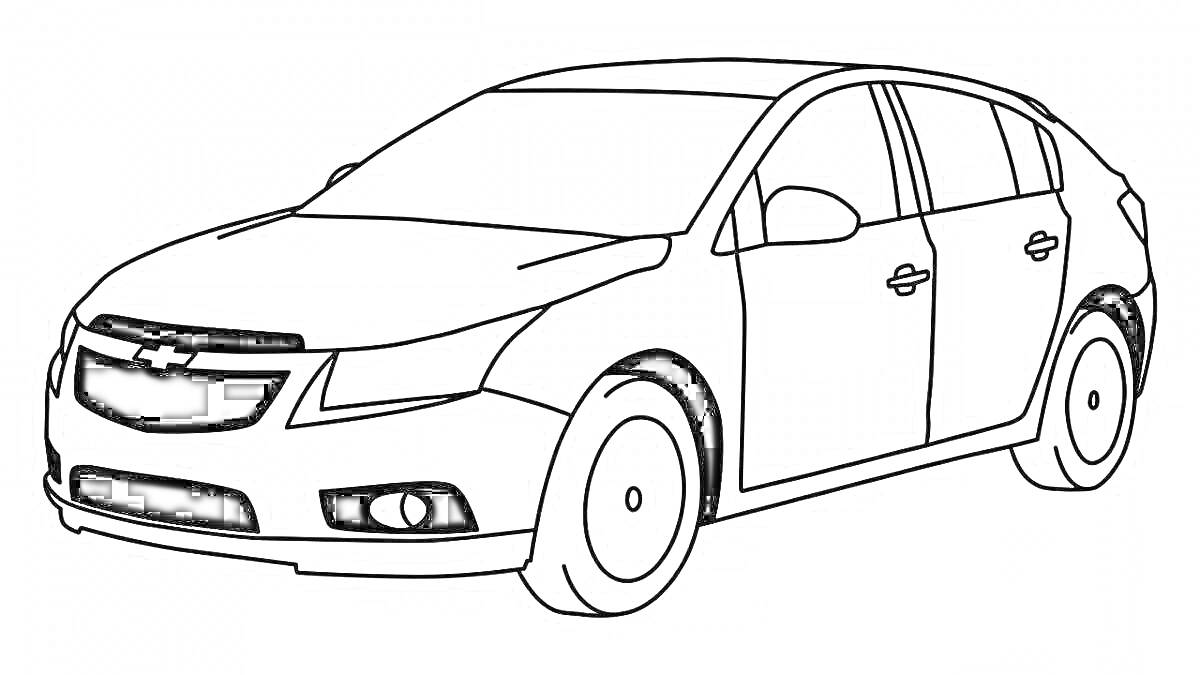 Раскраска Шевроле Круз, автомобиль, передняя часть, боковая часть, четыре двери, колеса, окна