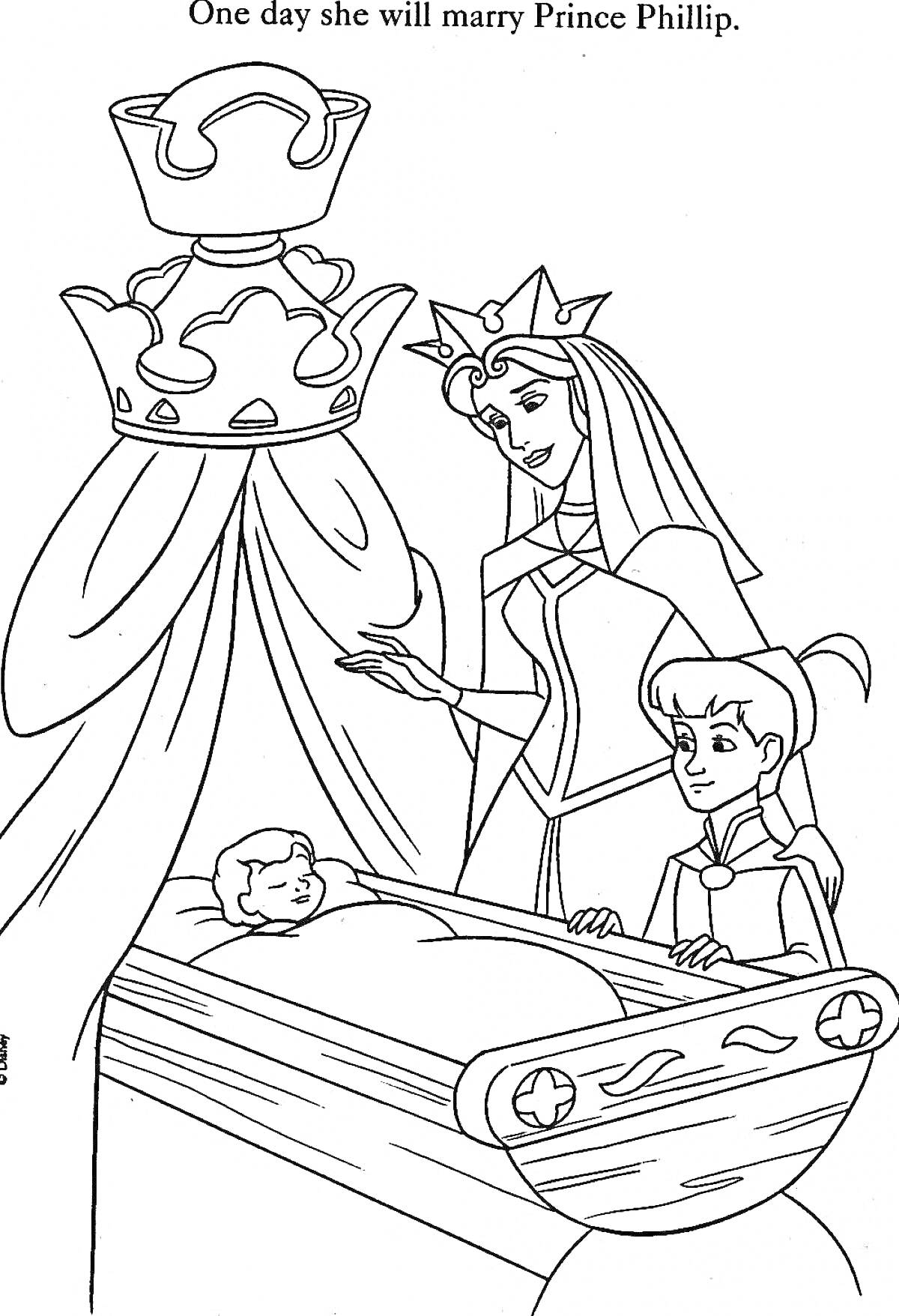 На раскраске изображено: Королева, Принц, Младенец, Корона, Колыбель, Шторы, Сказочные персонажи, Королевская семья, Волшебство, Свадьба
