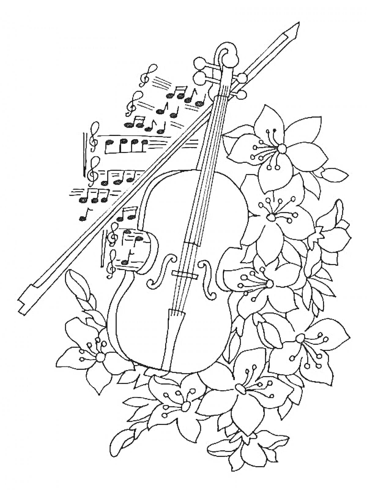 На раскраске изображено: Домбыра, Цветы, Ноты, Казахская культура, Музыкальные инструменты