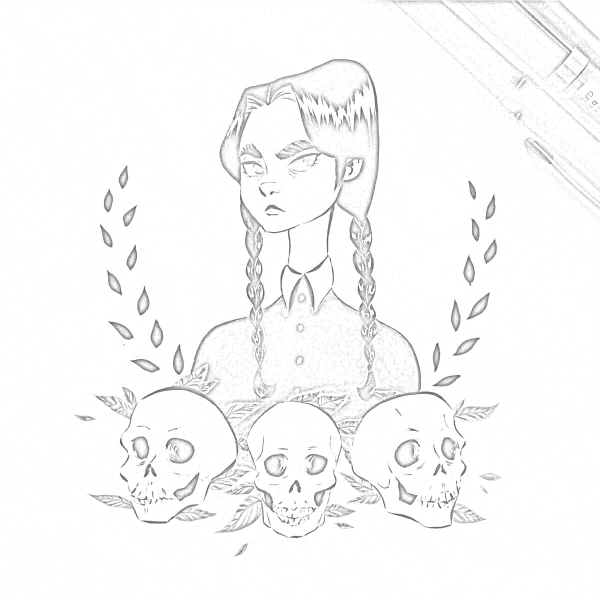На раскраске изображено: Девочка, Черепа, Листья, Серьёзное выражение лица, Коса