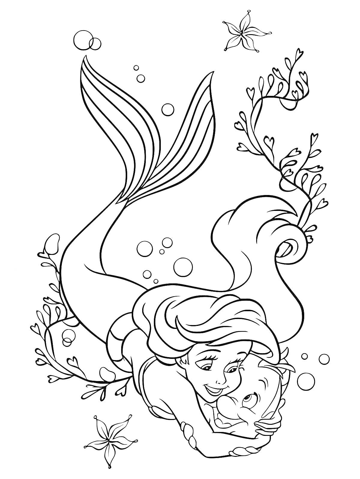 На раскраске изображено: Русалка, Ариэль, Рыбка, Водоросли, Пузыри, Цветы, Подводный мир, Сказочный персонаж, Друзья