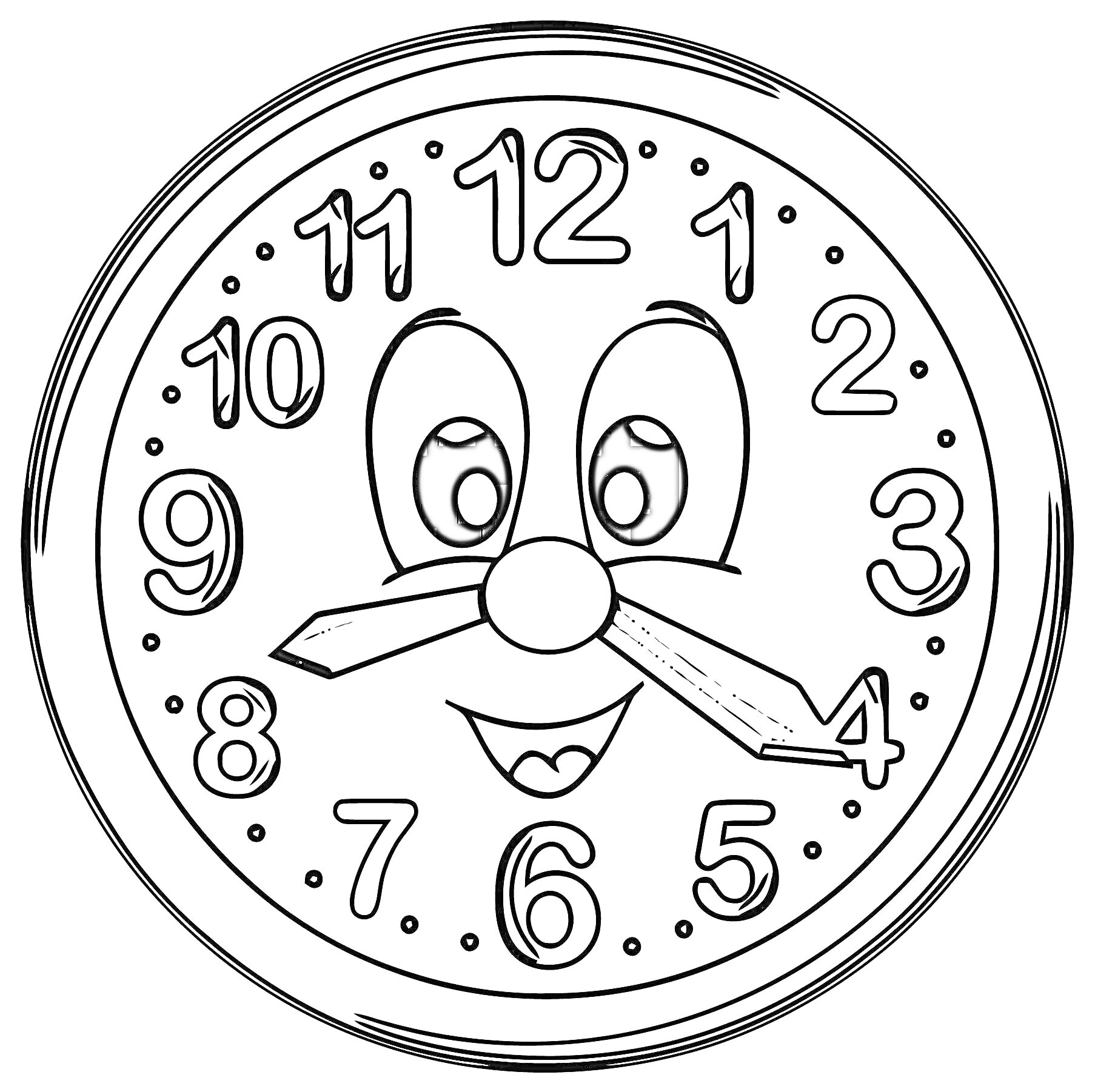 На раскраске изображено: Часы, Циферблат, Цифры, Стрелки, Лицо, Глаза, Нос, Рот, Улыбка