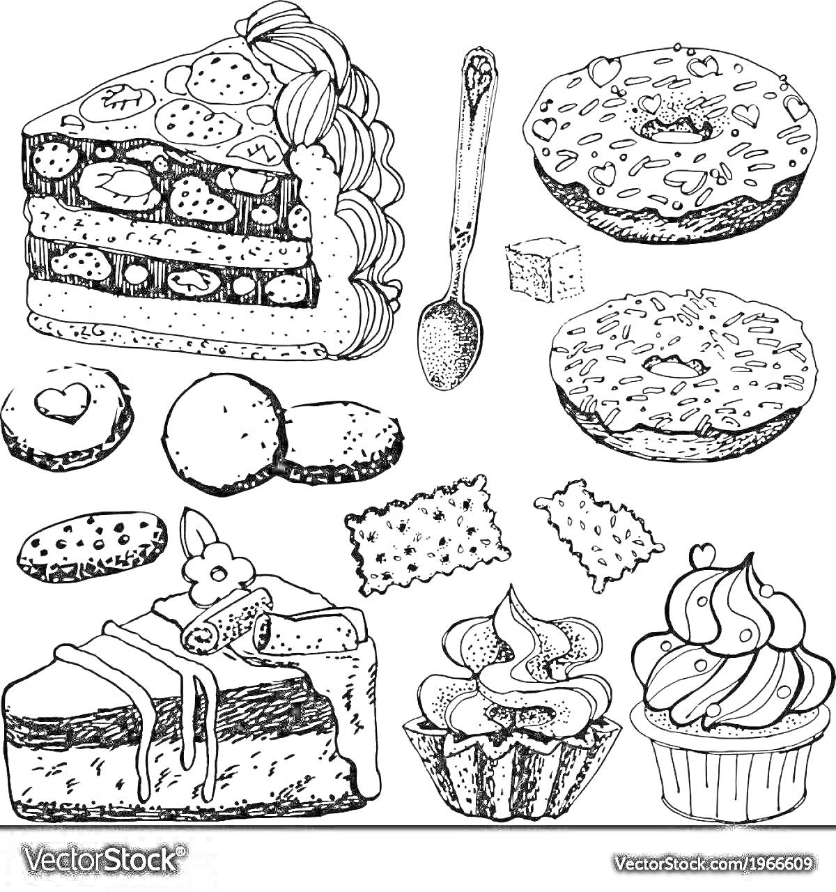 На раскраске изображено: Кондитерские изделия, Торт, Пончик, Ложка, Сахар, Печенье, Глазурь, Кекс
