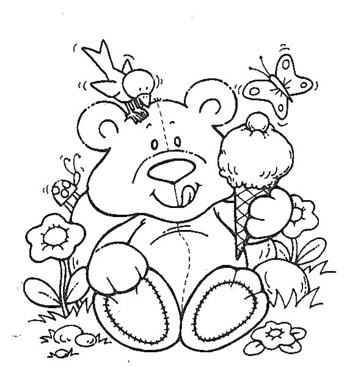 Раскраска Мишка Тедди с мороженым, цветами, пчелой, птичкой и бабочкой