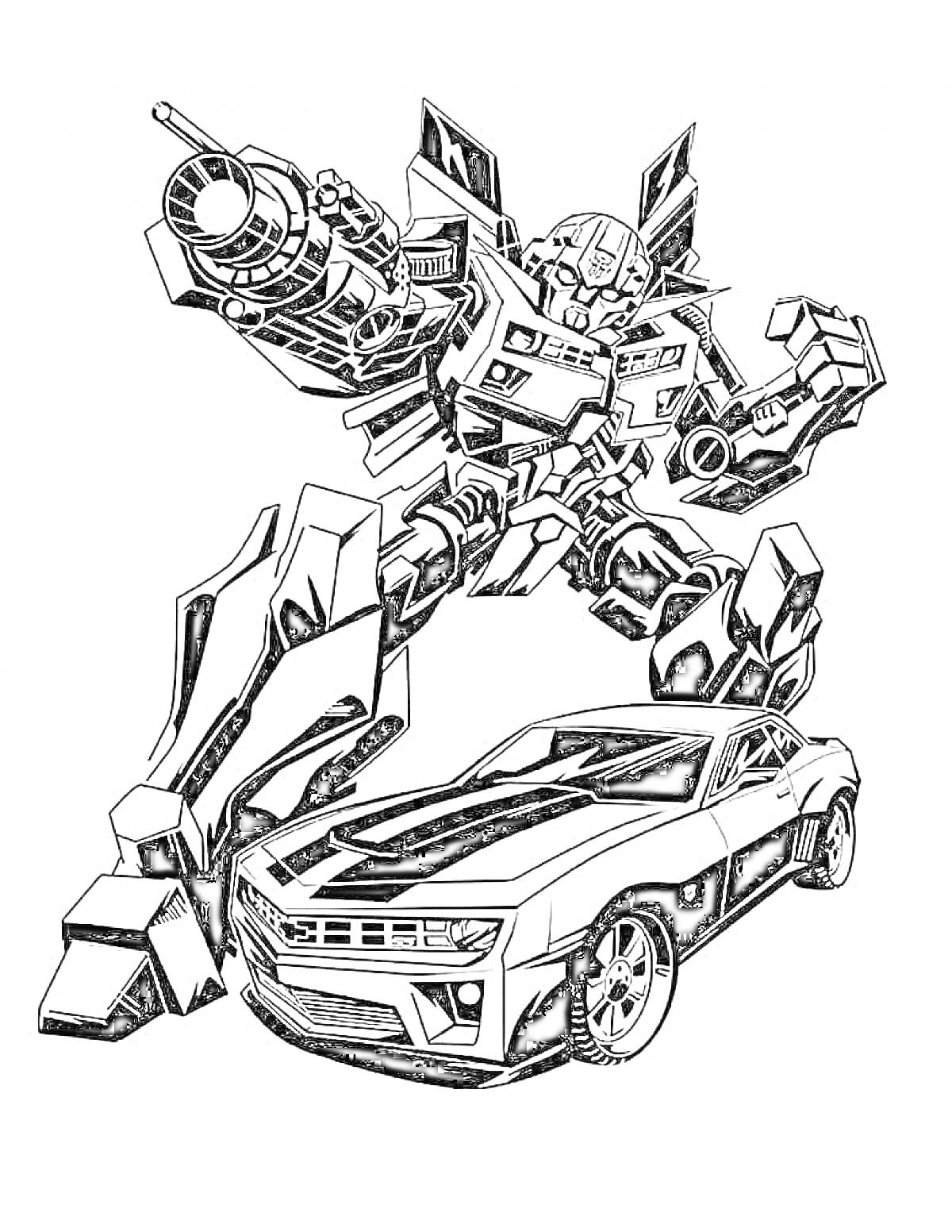 На раскраске изображено: Бамблби, Робот, Бластер, Оружие, Спортивный автомобиль, Трансформация, Трансформеры, Авто
