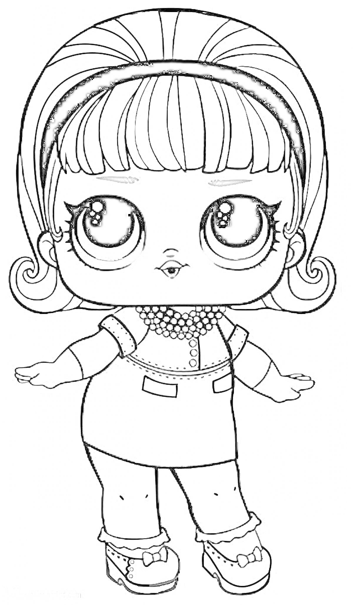 Раскраска Куколка с большими глазами в платье с карманами, с повязкой на волосах и туфлями с пряжками