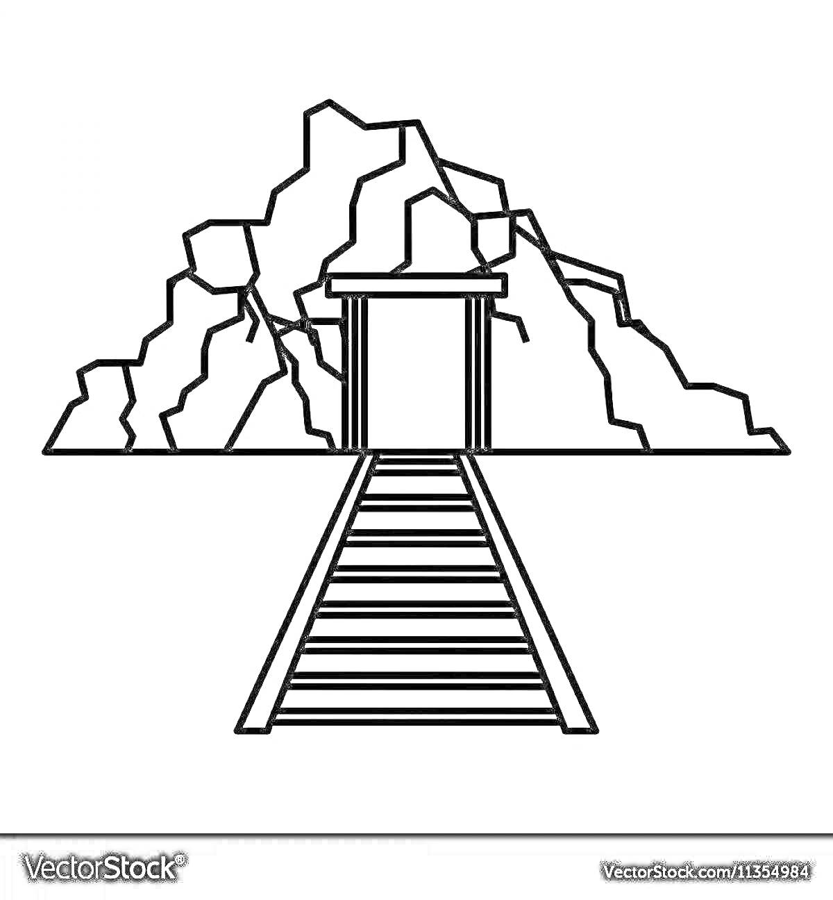 На раскраске изображено: Шахта, Горы, Рельсы, Природа, Камни