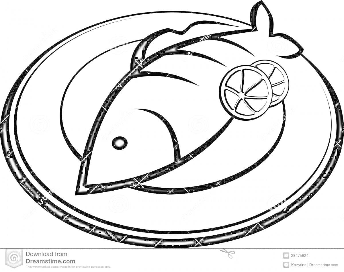 На раскраске изображено: Рыба, Тарелка, Лимон, Еда, Морепродукты, Готовка, Кухня