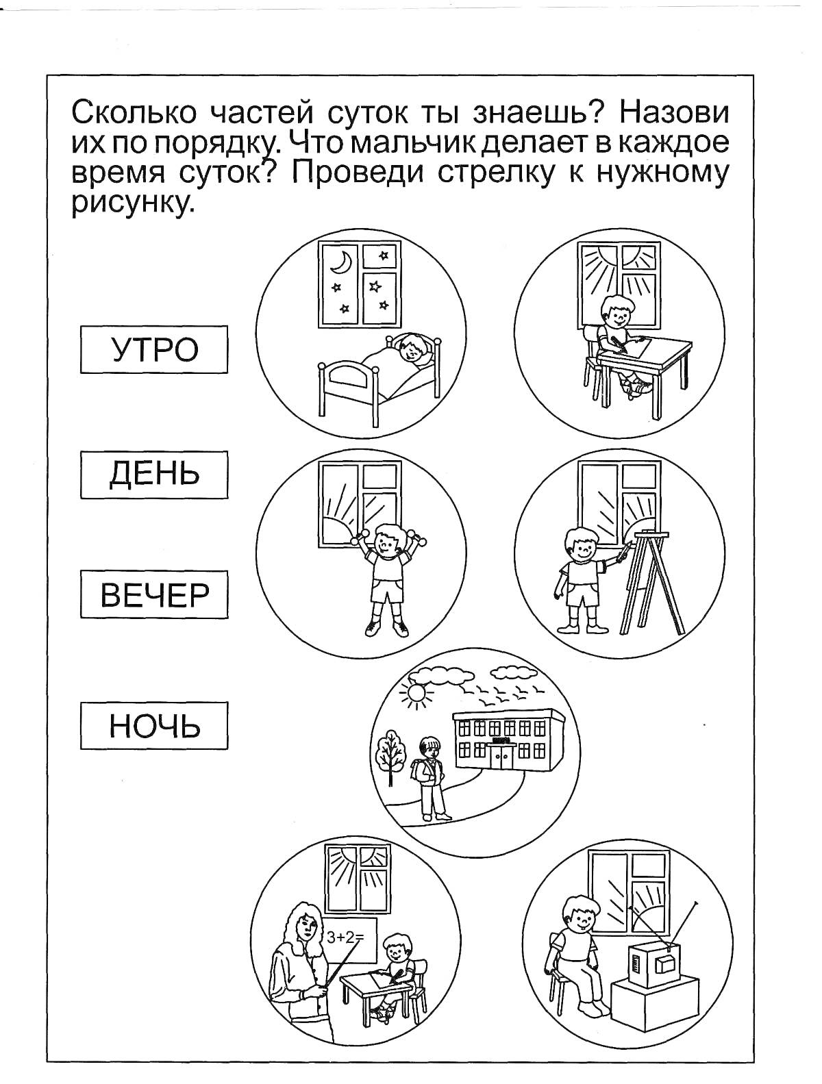 Раскраска Части суток и деятельность мальчика в разное время суток: утро - заправляет кровать, день - работает за столом, вечер - рисует у мольберта, ночь - спит в кровати