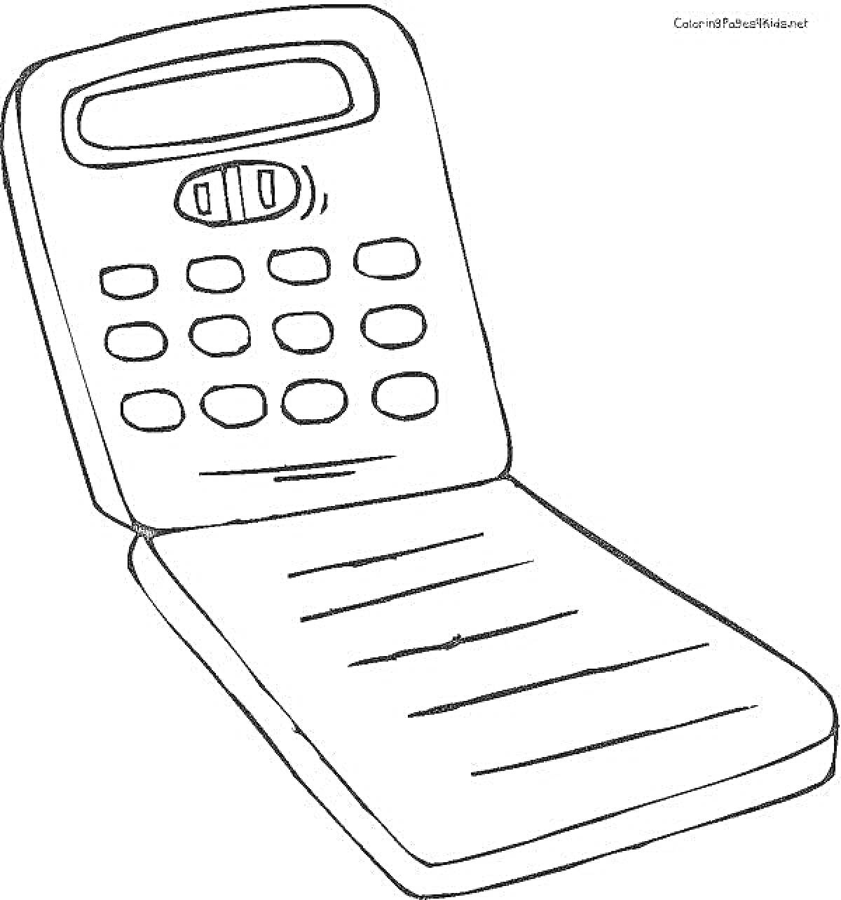 Раскраска калькулятор с кнопками и экраном в виде блокнота