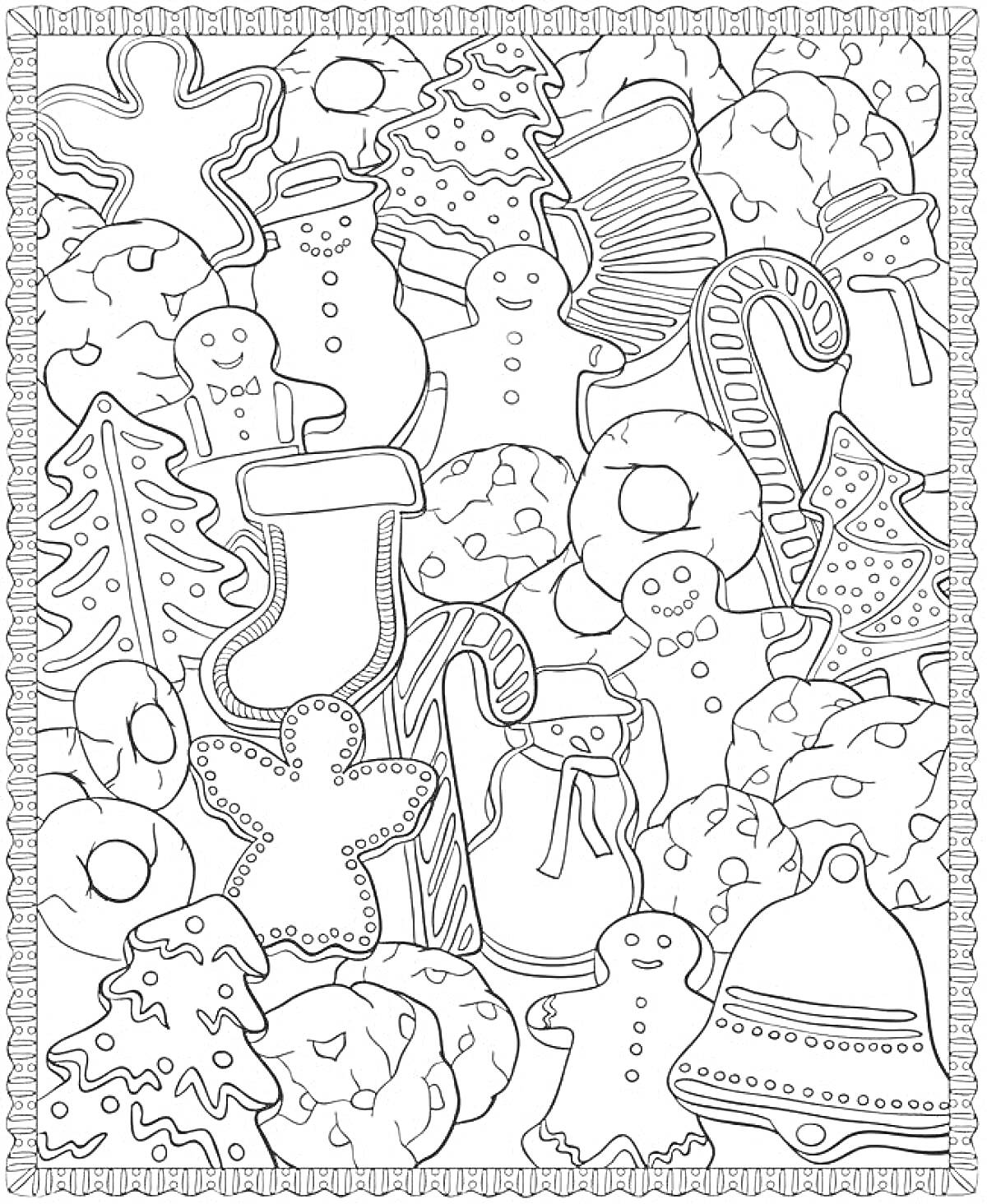 Раскраска Пряничная новогодняя раскраска – пряничные человечки, снежинки, рукавички, колокольчики, елочки, снежные шары, конфеты