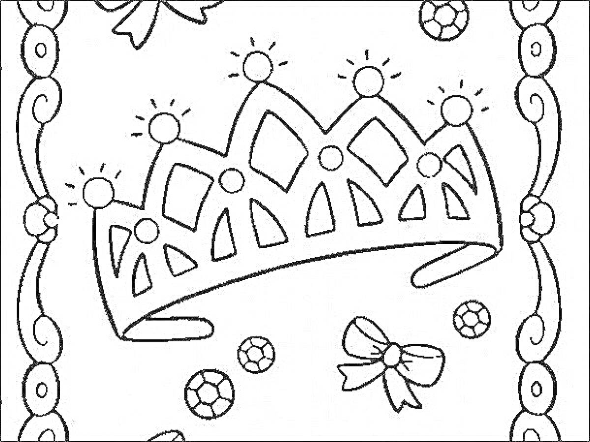 На раскраске изображено: Корона, Бантики, Цветы, Узоры, Орнамент, Для детей, Контурное изображение, Украшения