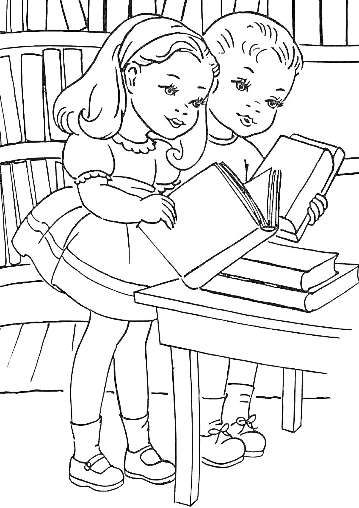 Раскраска Двое детей в библиотеке, читают книги, стоят у стола с книгами, позади книжные полки.