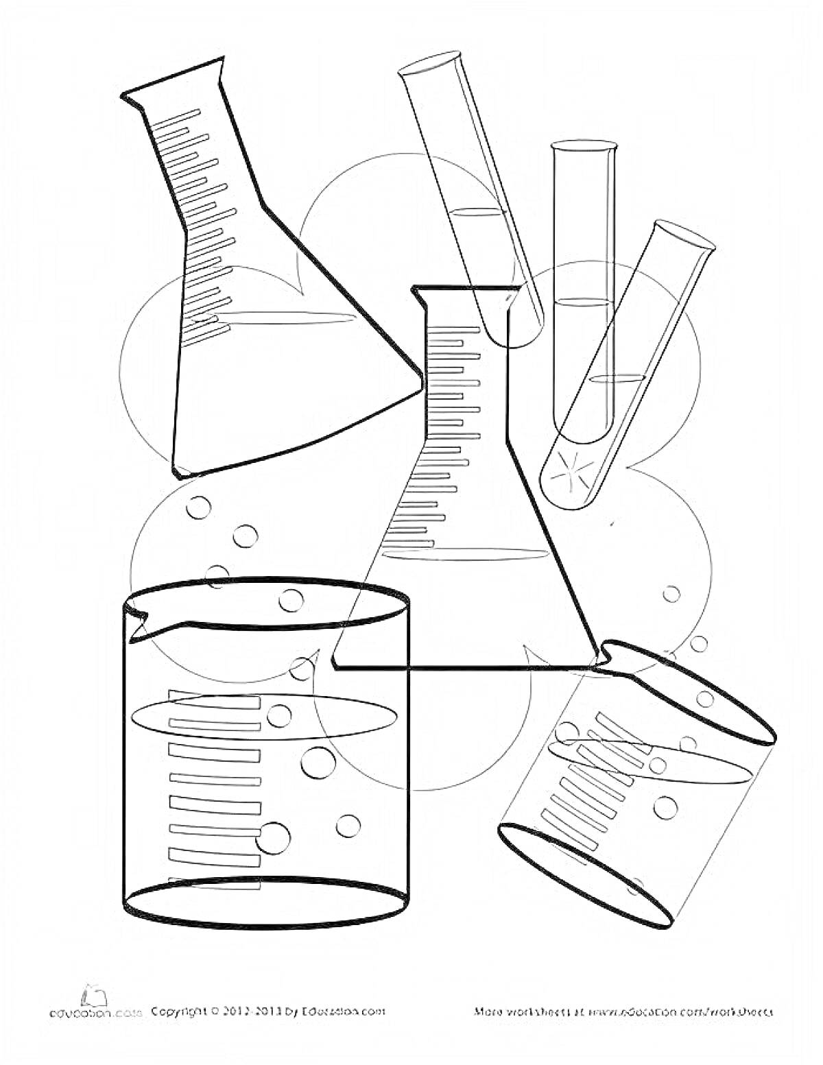Раскраска лабораторные инструменты с колбами, мензурками и пробирками