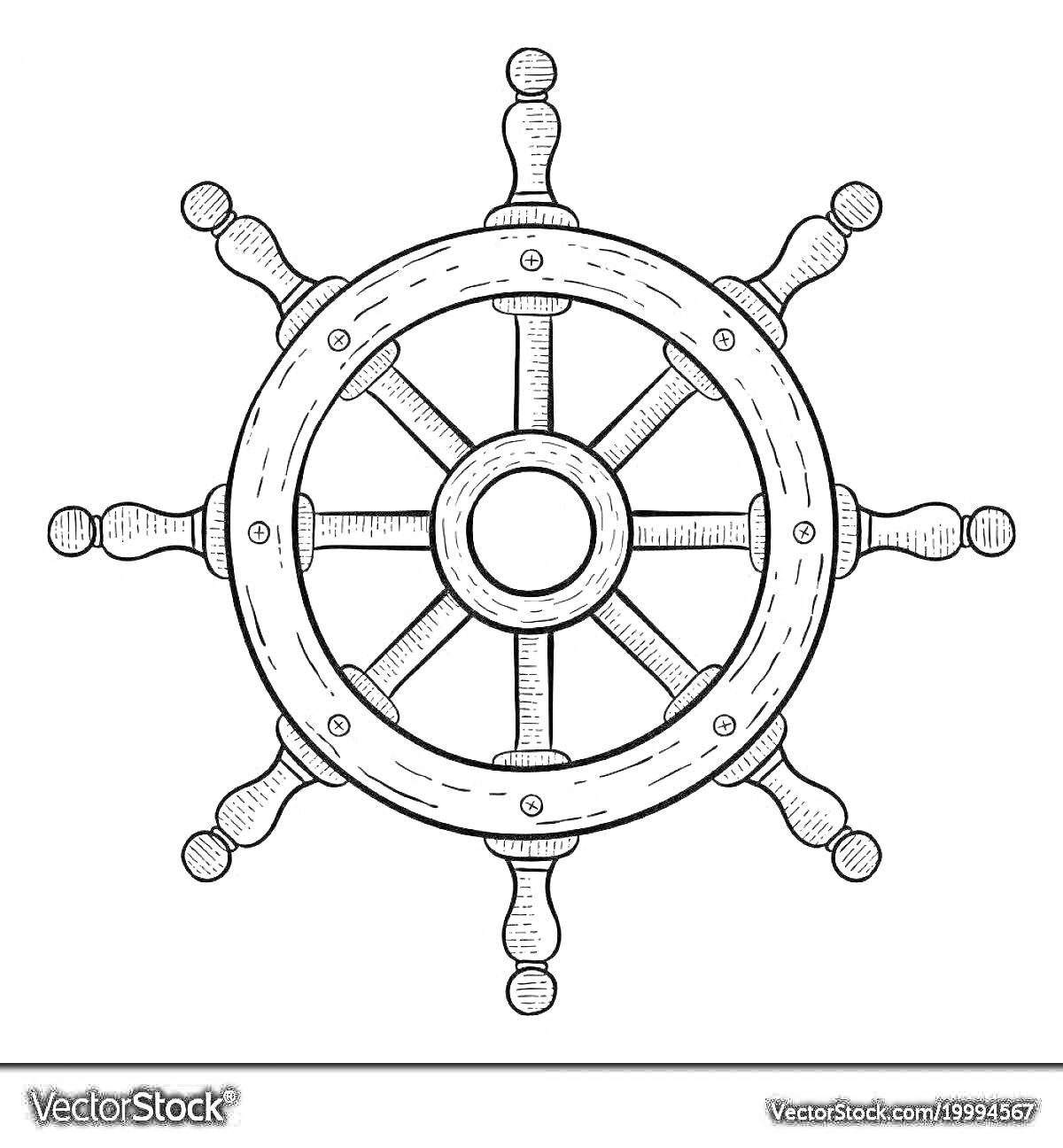 На раскраске изображено: Штурвал, Корабль, Рулевое колесо, Море, Навигация