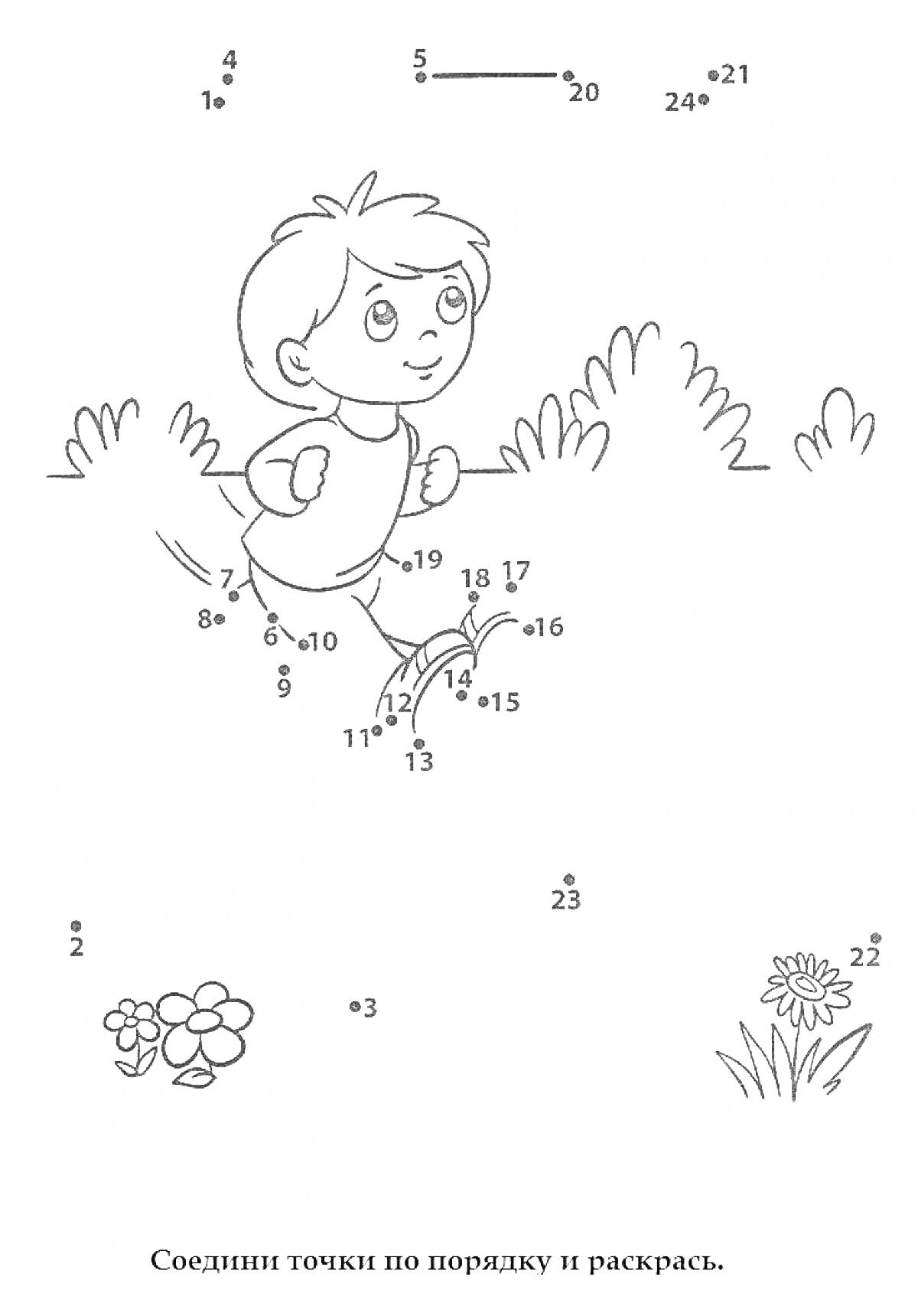 На раскраске изображено: Соедини точки, Мальчик, Ребенок, Цветы, Клумба, Цифры, Природа