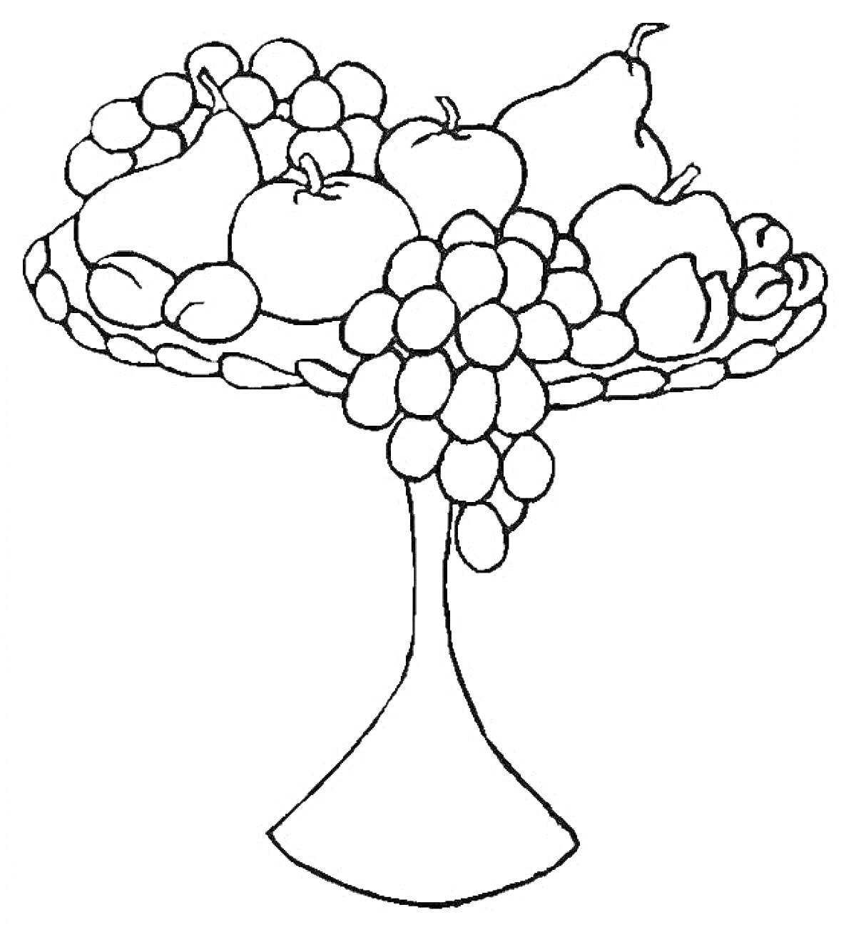 Раскраска Натюрморт с фруктами на вазе (яблоки, груши, персики, виноград)