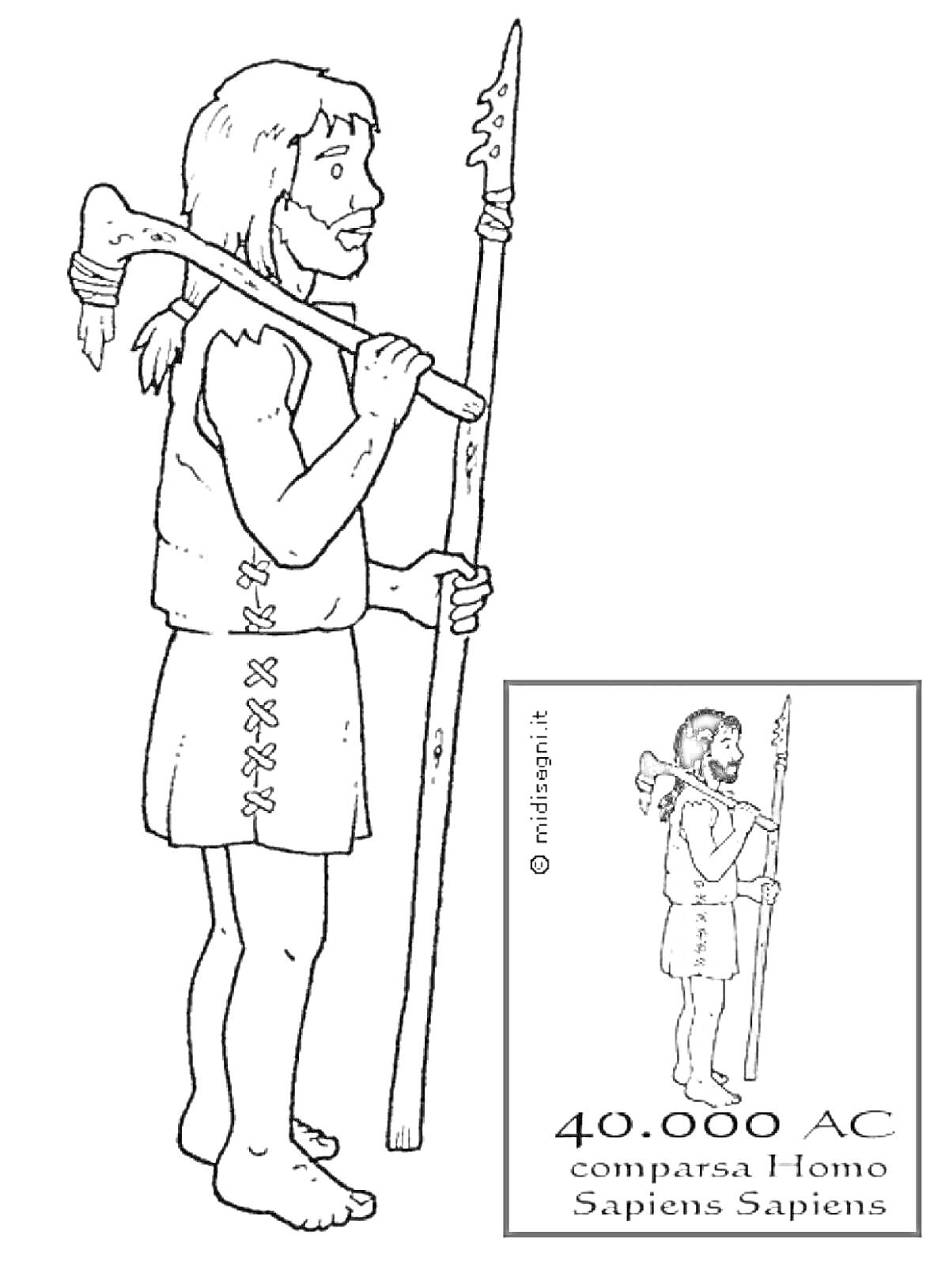 Раскраска Первобытный человек с копьем и топором, 40,000 лет до нашей эры