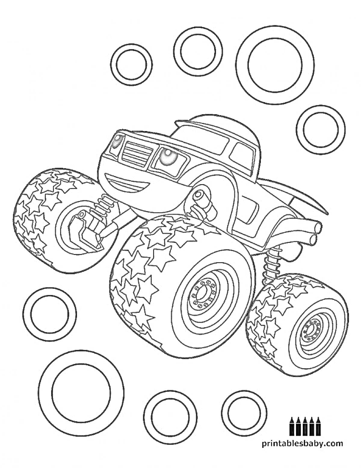 Раскраска Монстр-трак с кругами и звездами