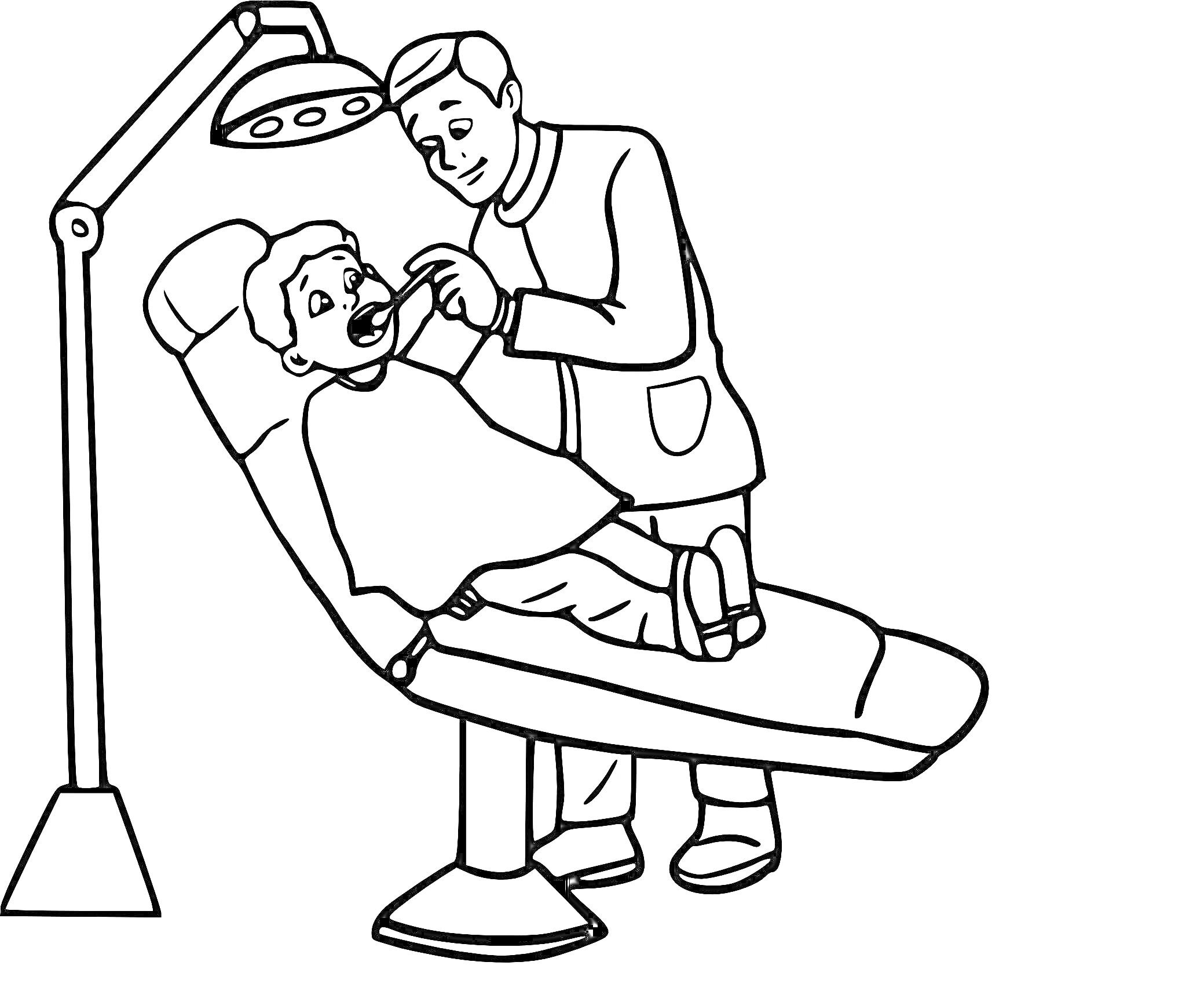 На раскраске изображено: Стоматолог, Ребенок, Осмотр, Стоматологическое кресло, Врач, Зубы, Лечение, Клиника, Карикатура, Медицинский осмотр