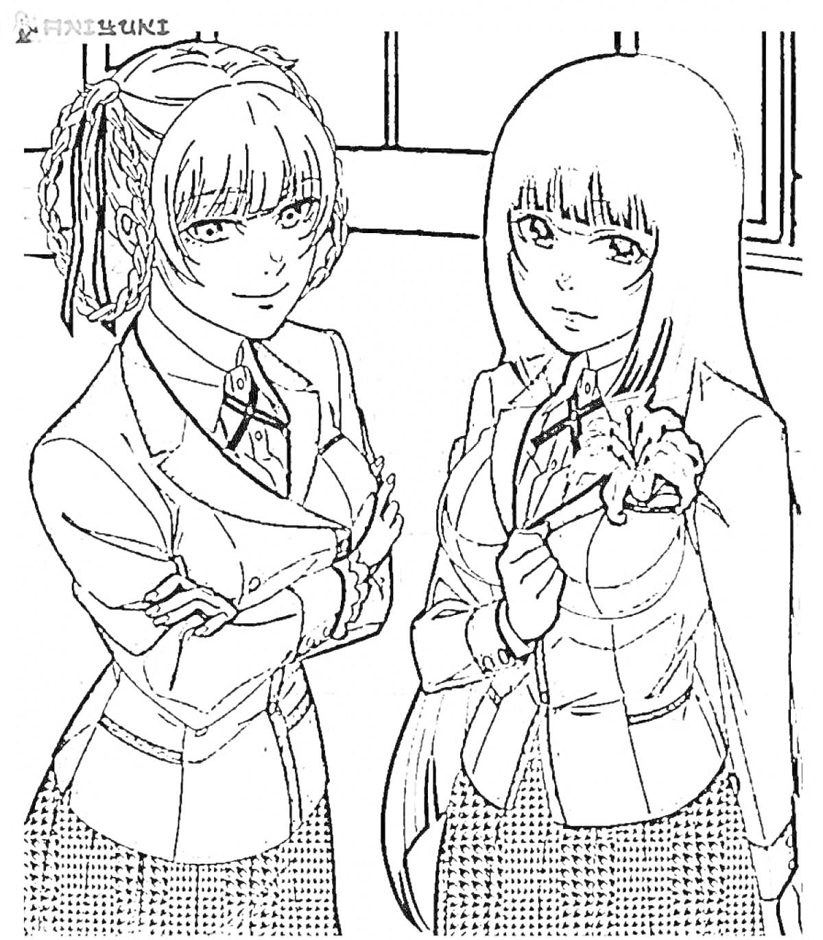 Раскраска Две девушки в школьной форме, одна с косами, другая с лилией, на фоне окна