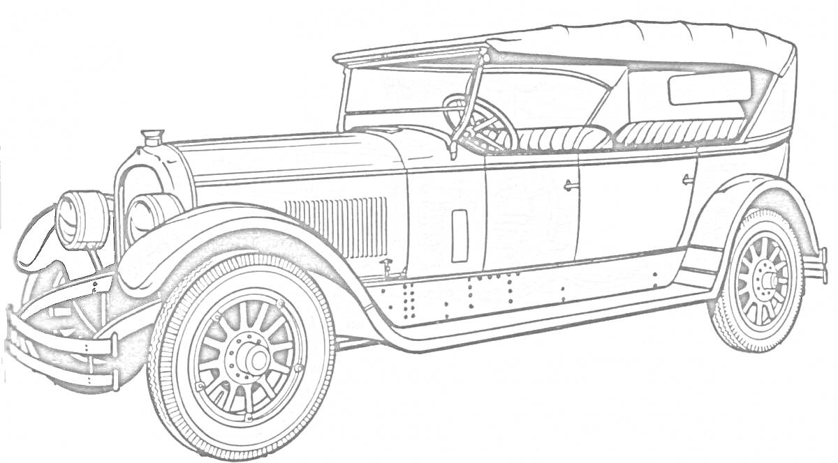 Раскраска Автомобиль в стиле ретро с открытым верхом, вид сбоку, классический кузов, большие колеса и прорисованные детали