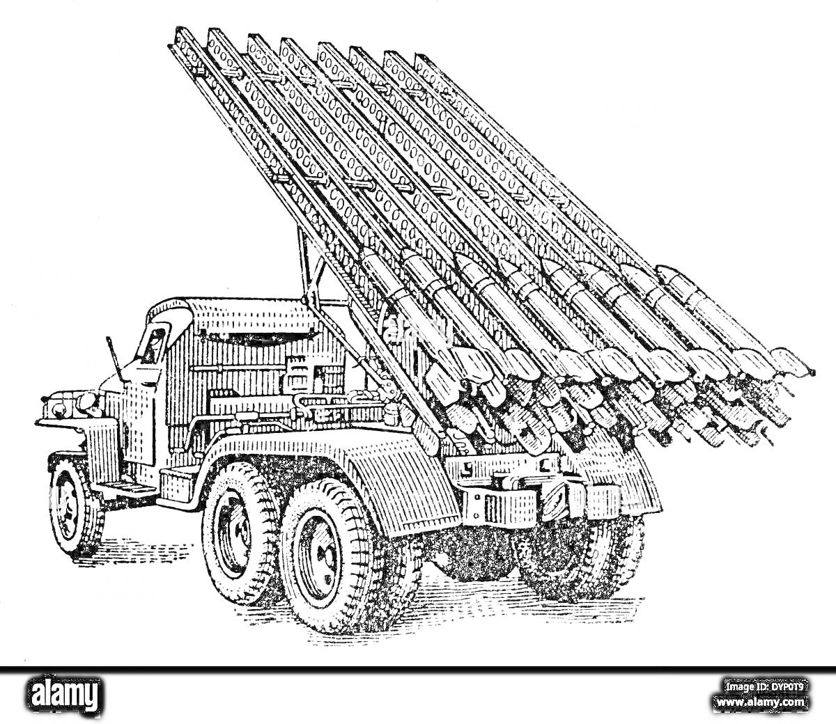 Раскраска Катюша, советская боевая машина с ракетной установкой, ракеты, грузовик, ракетные направляющие