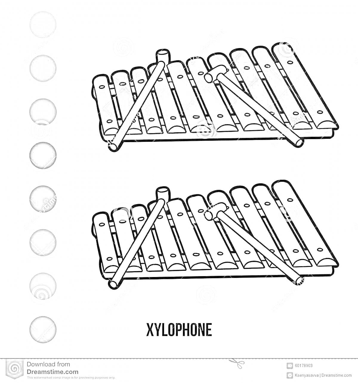 На раскраске изображено: Металлофон, Музыка, Ксилофон, Музыкальные инструменты
