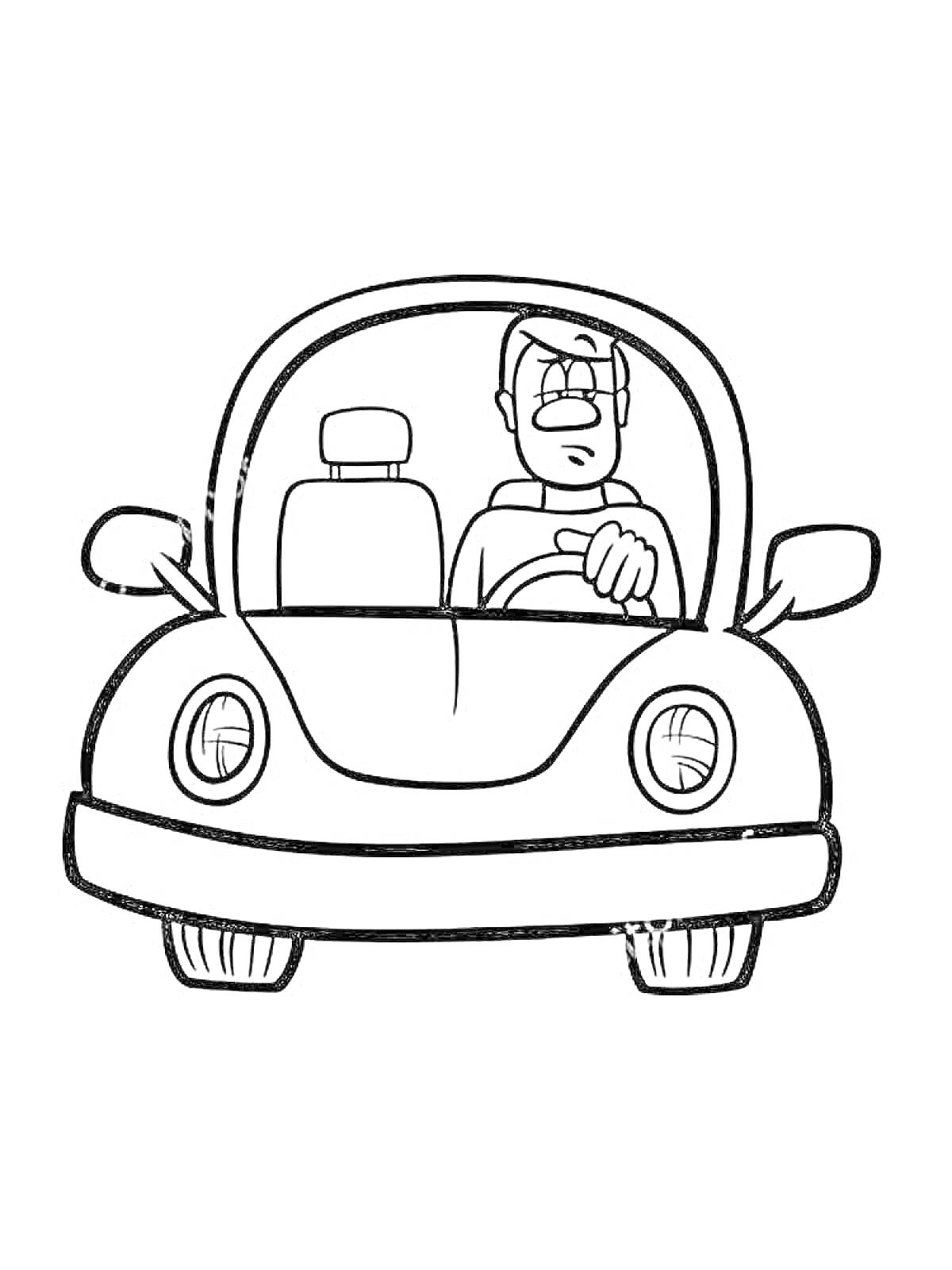 На раскраске изображено: Водитель, Транспорт, Руль, Движение, Безопасность, Поездка
