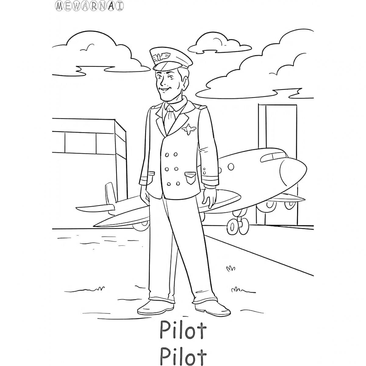 На раскраске изображено: Пилот, Аэропорт, Профессия, Транспорт, Небо, Облака, Человек, Униформа