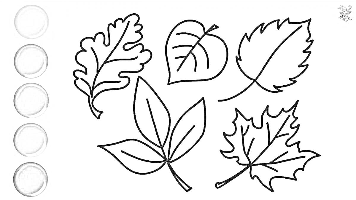 Раскраска Листья различных деревьев с палитрой оттенков серого для раскрашивания