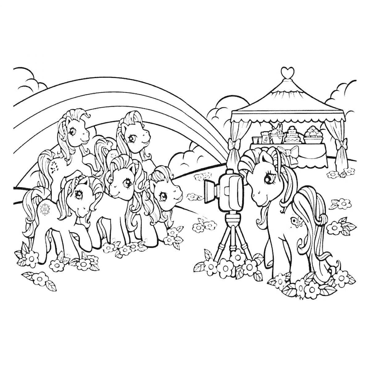 На раскраске изображено: Пони, Шатер, Цветы, Фотоаппарат, Облака
