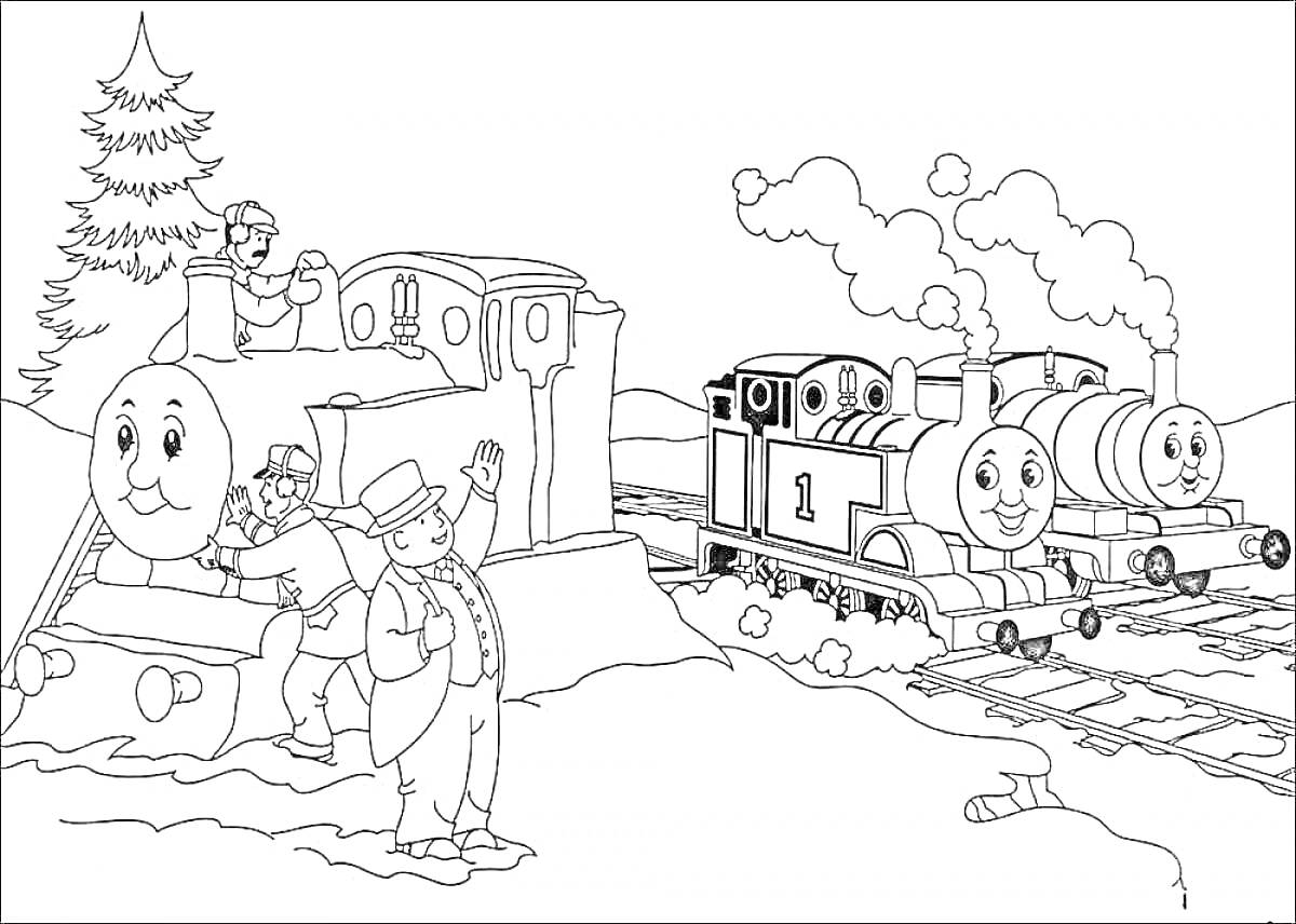 Раскраска Вокзал с тремя паровозами и машинистом, машинист, управляющий поездом около елки, приветствующий человек на платформе