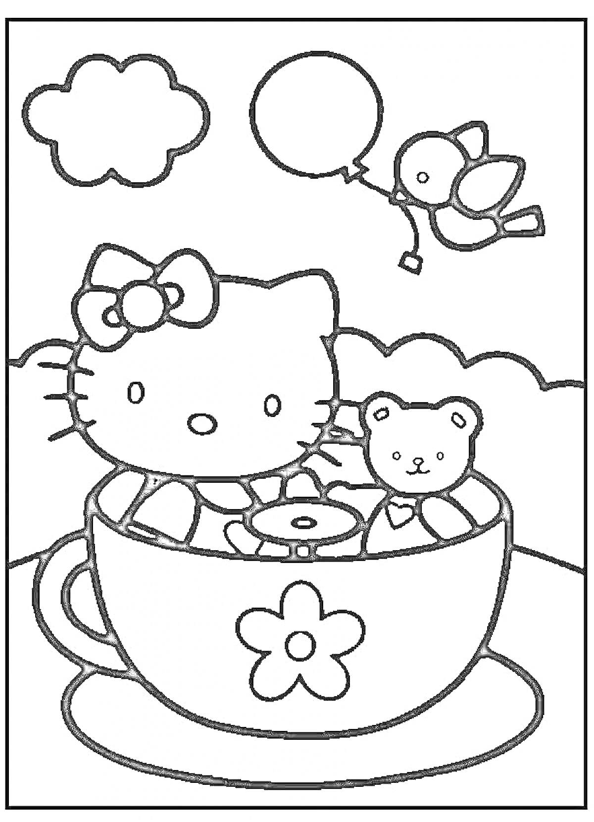 Раскраска Котенок с бантиком и мишка в чашке с цветком, птица с воздушным шариком и облака на заднем плане.