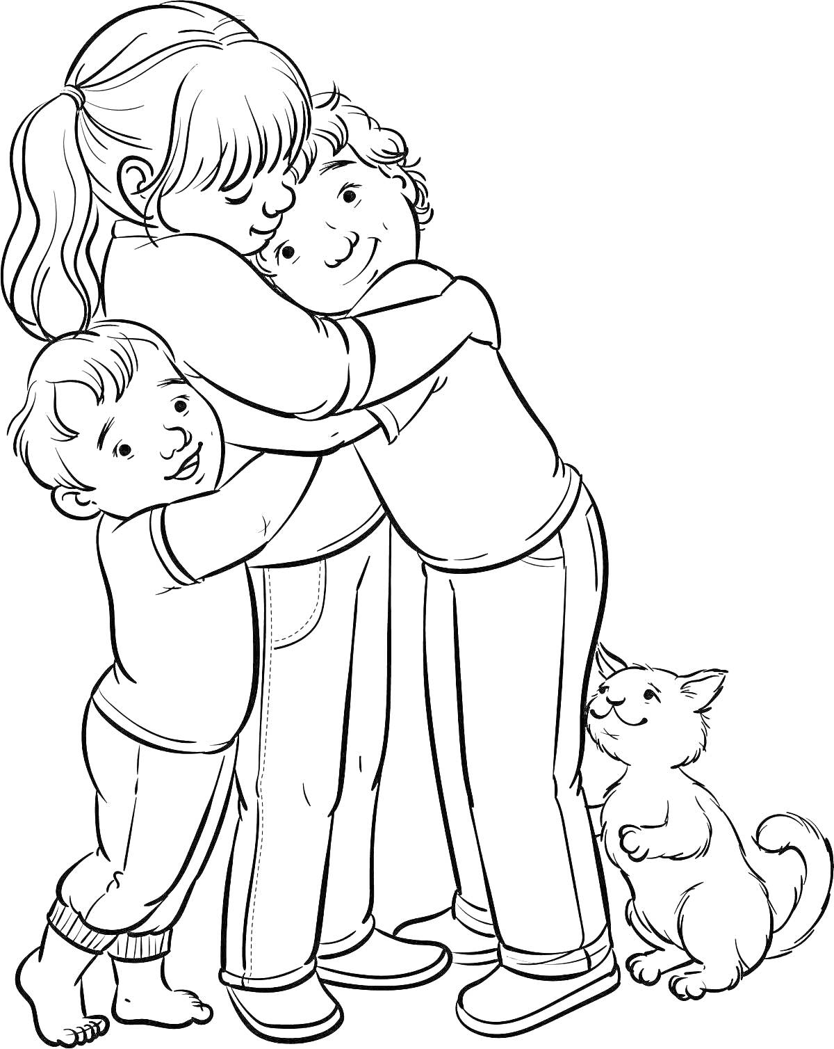 Раскраска Дети обнимаются, рядом сидит котенок