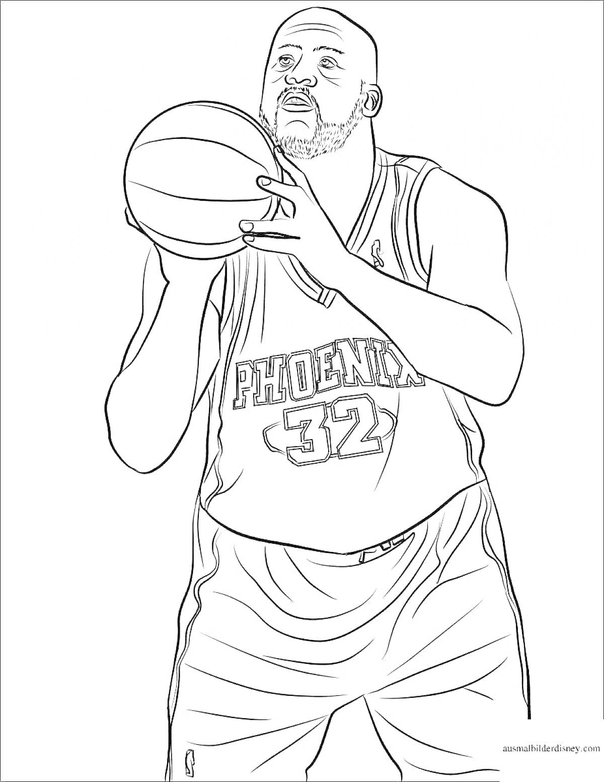 Раскраска Баскетболист в форме команды Phoenix с номером 32, с мячом, готовящийся сделать бросок