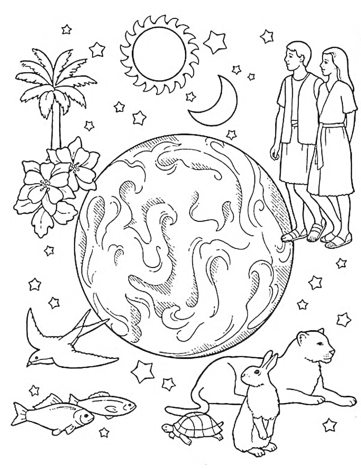 На раскраске изображено: Земля, Природа, Солнце, Месяц, Пара, Цветы, Черепаха, Кролик, Пантера, Звезды, Мир
