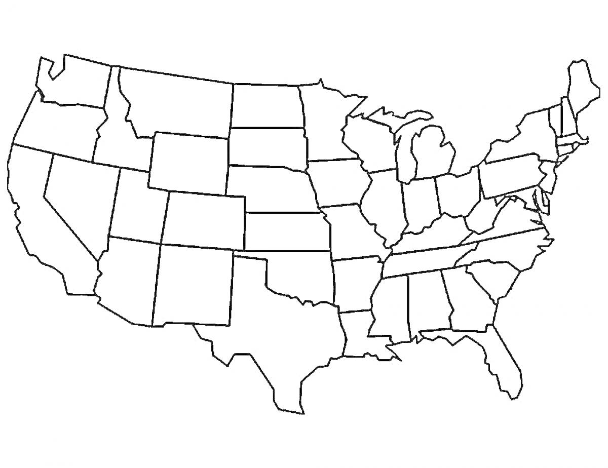 Раскраска Контурная карта США с обозначенными границами штатов
