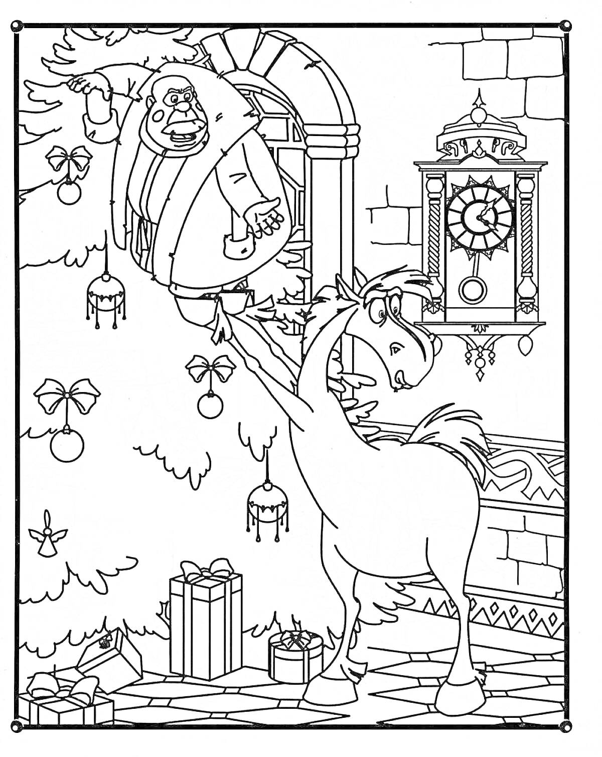 На раскраске изображено: Три богатыря, Конь Юлий, Подарки, Часы, Замок, Новый год