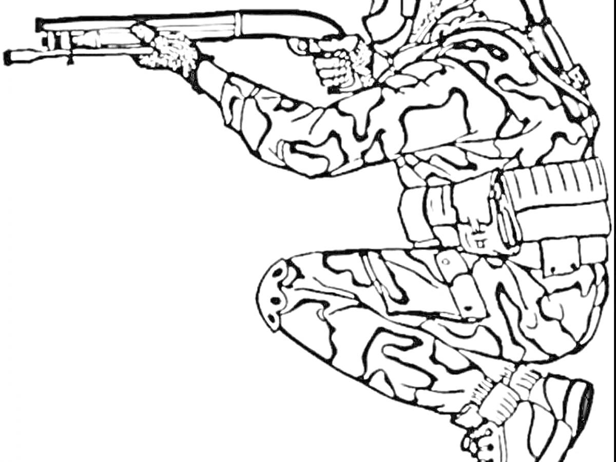 На раскраске изображено: Спецназ, Солдат, Армия, Камуфляж, Автомат, Рюкзак, Оружие, Военный, Тактическое снаряжение