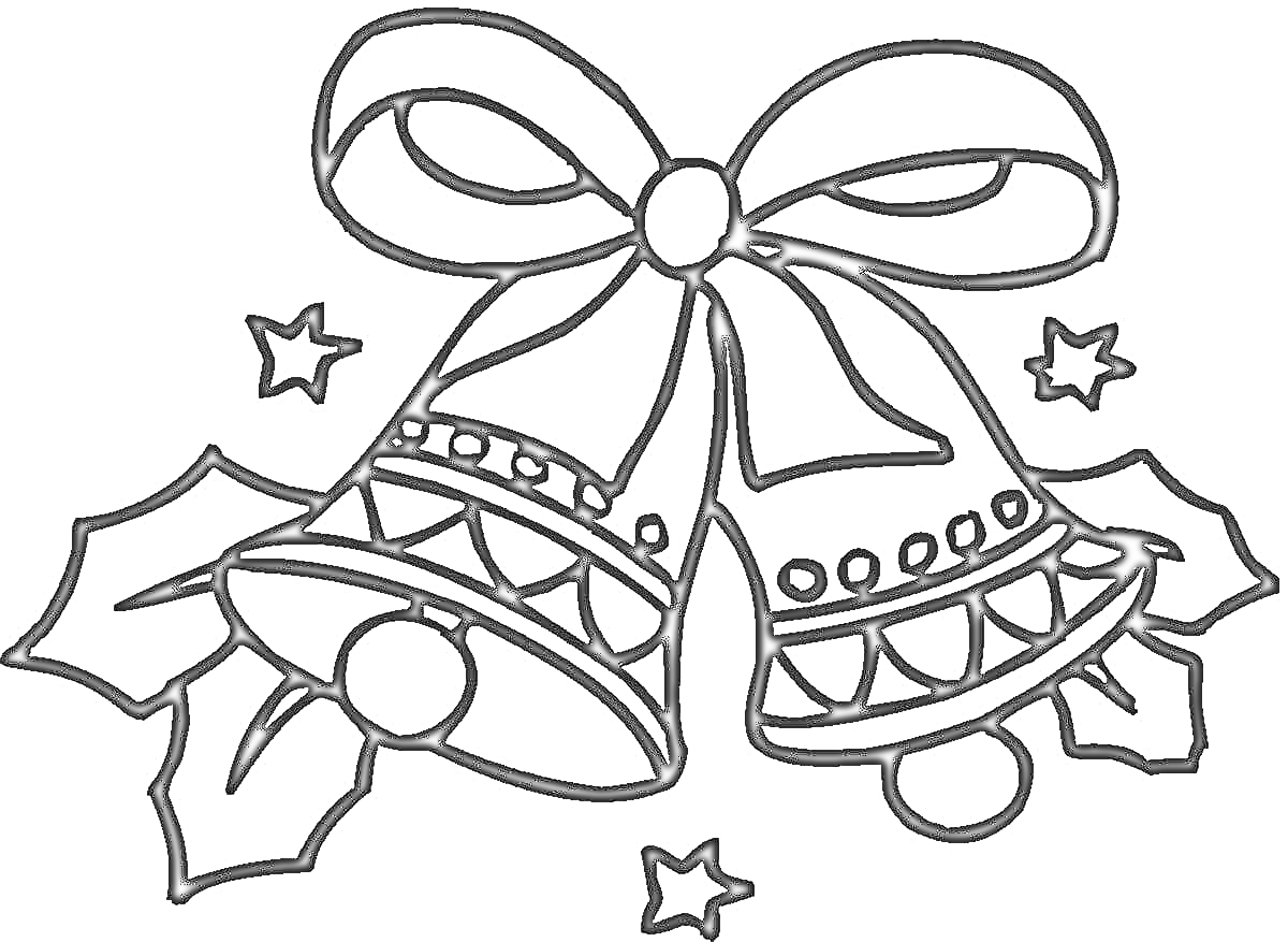 Раскраска Новогодние колокольчики с бантом, падубом и звездами