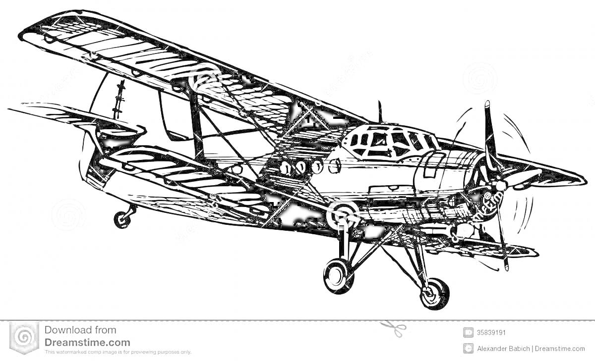 Раскраска Самолет Ан-2 в полете с заметной детализацией фюзеляжа, пропеллера и крыльев