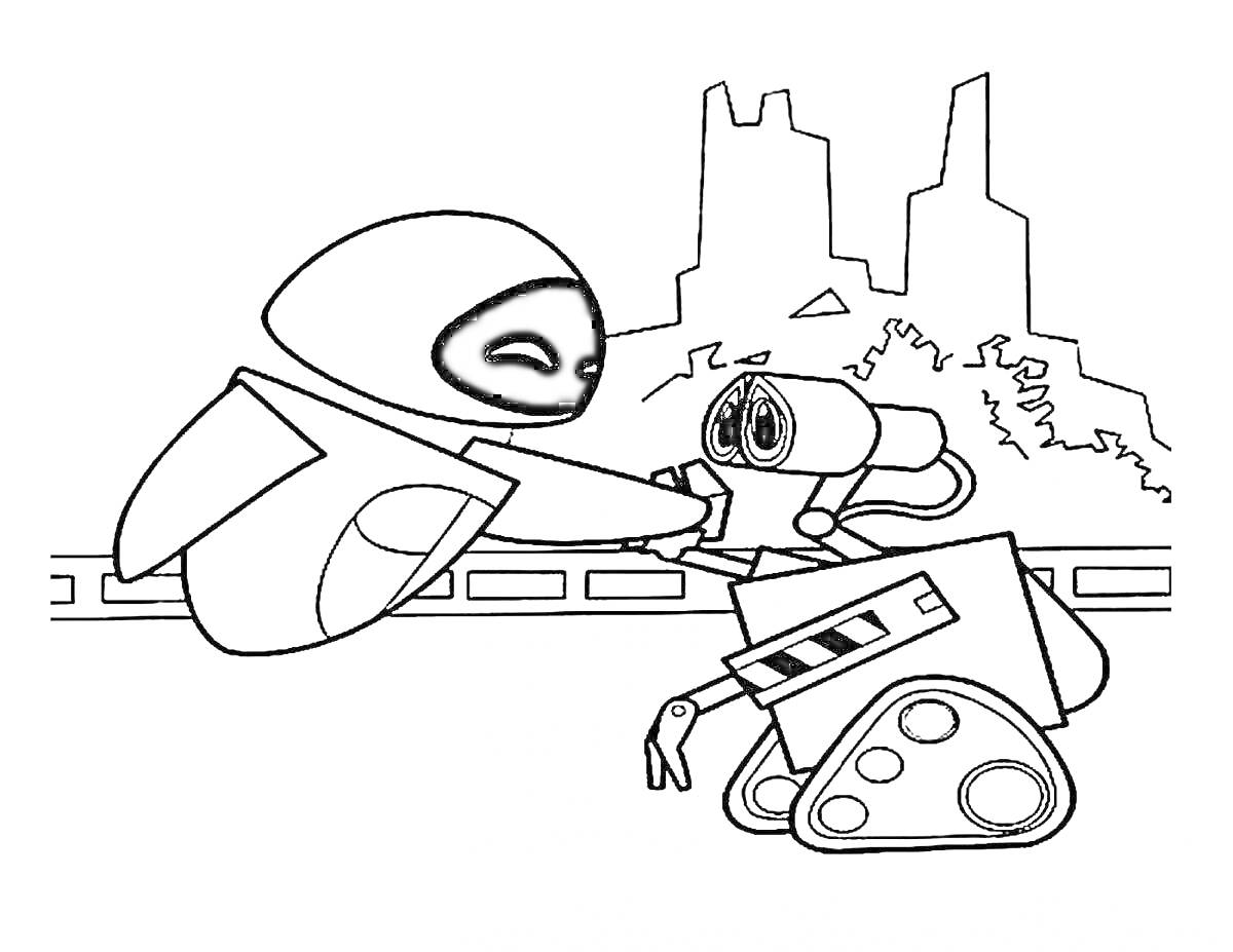 Раскраска Роботы в городе, двое роботов, высокие здания