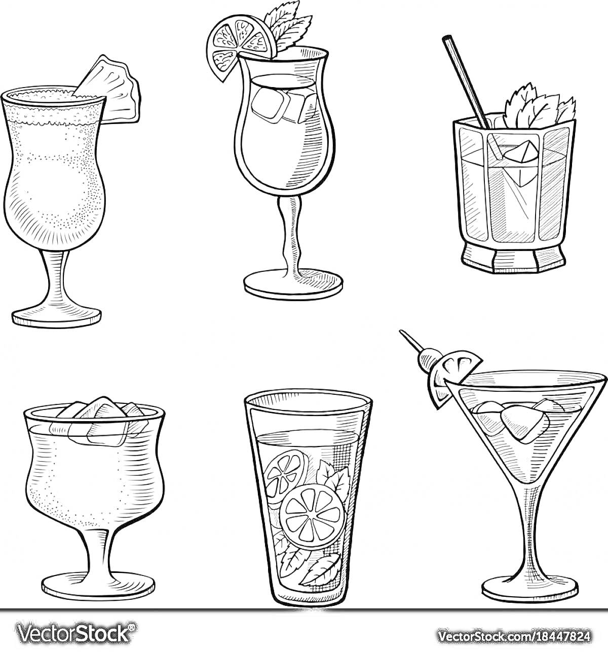 Шесть коктейлей в различных бокалах с различными украшениями, среди которых кусочек ананаса, спираль лимона, трубочка, мята, кусочки льда, ломтик цитруса и вишенка на шпажке.