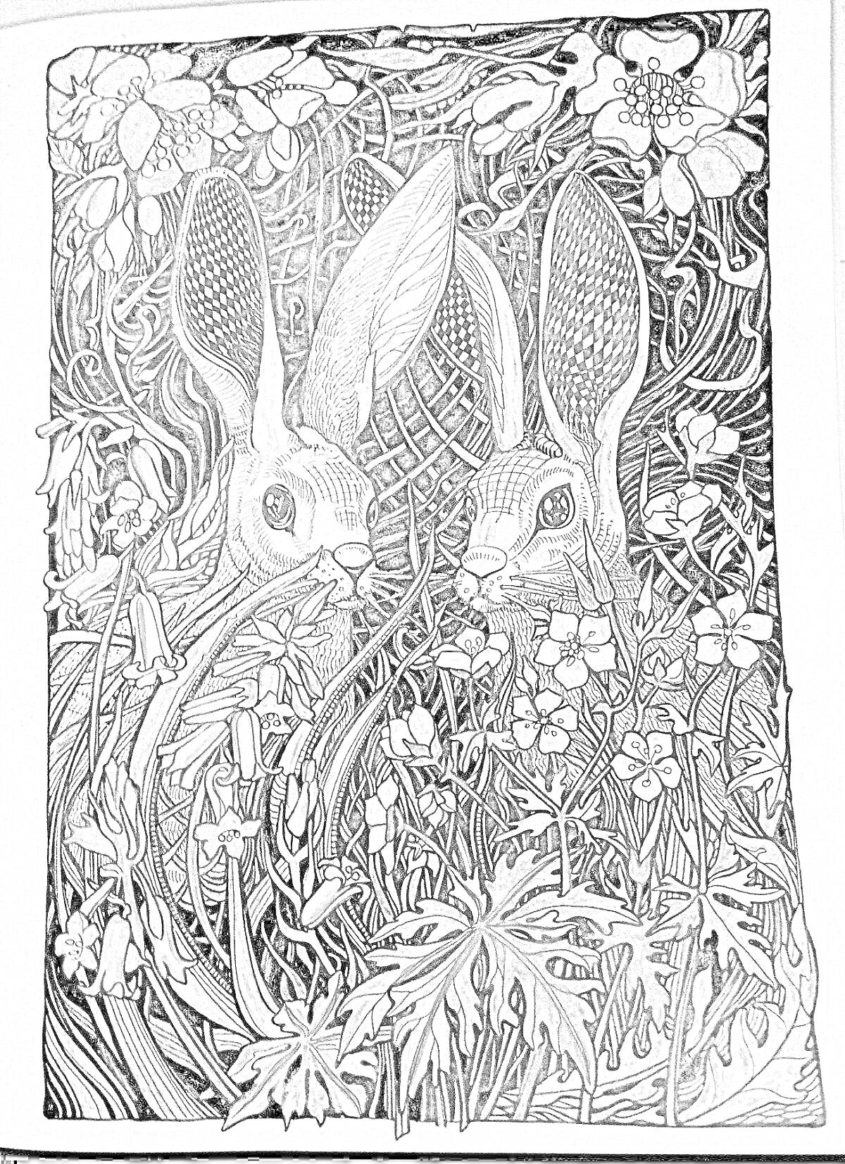 На раскраске изображено: Зайцы, Растения, Цветы, Ботаника, Листья, Фауна, Флора