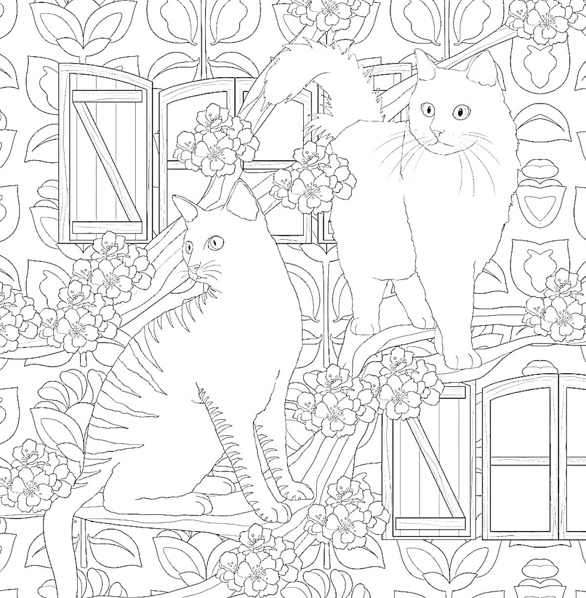 На раскраске изображено: Окна, Цветы, Листья, Растения, Кот, Изба, Стекла