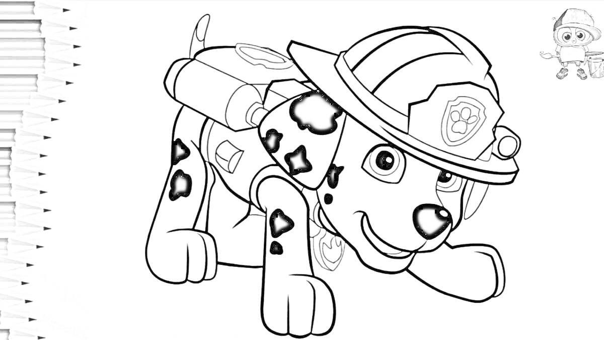 Раскраска Щенок Далматинец Маршал из Щенячьего Патруля в пожарной каске с рюкзаком, окруженный цветными карандашами