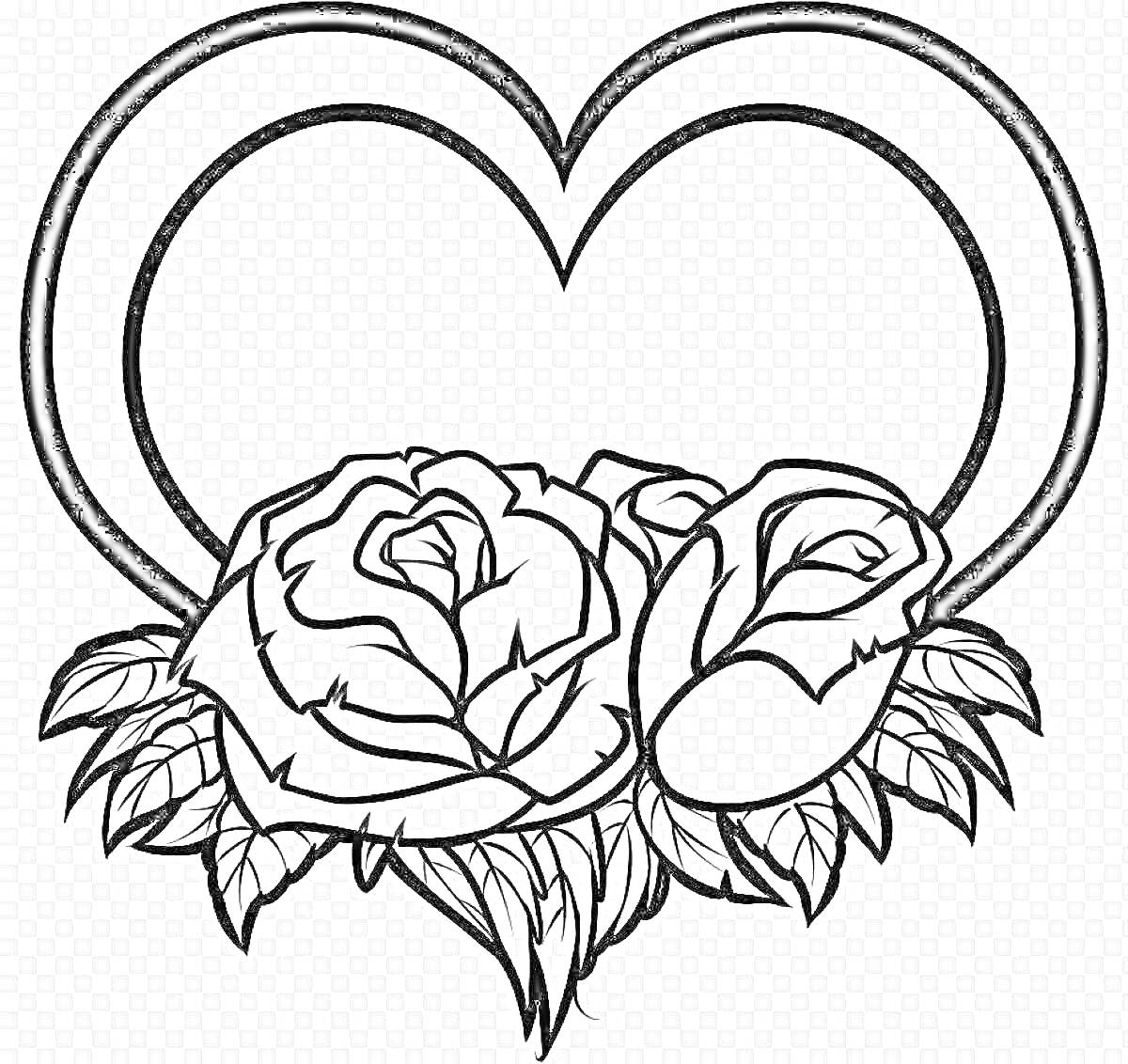 На раскраске изображено: Розы, Цветы, Листья, Любовь, Для детей, Подарки, Контурные рисунки, Сердца