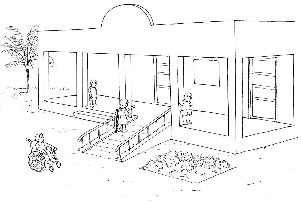 На раскраске изображено: Детский сад, Здание, Инвалидная коляска, Крыльцо, Клумба, Веранда, Архитектура