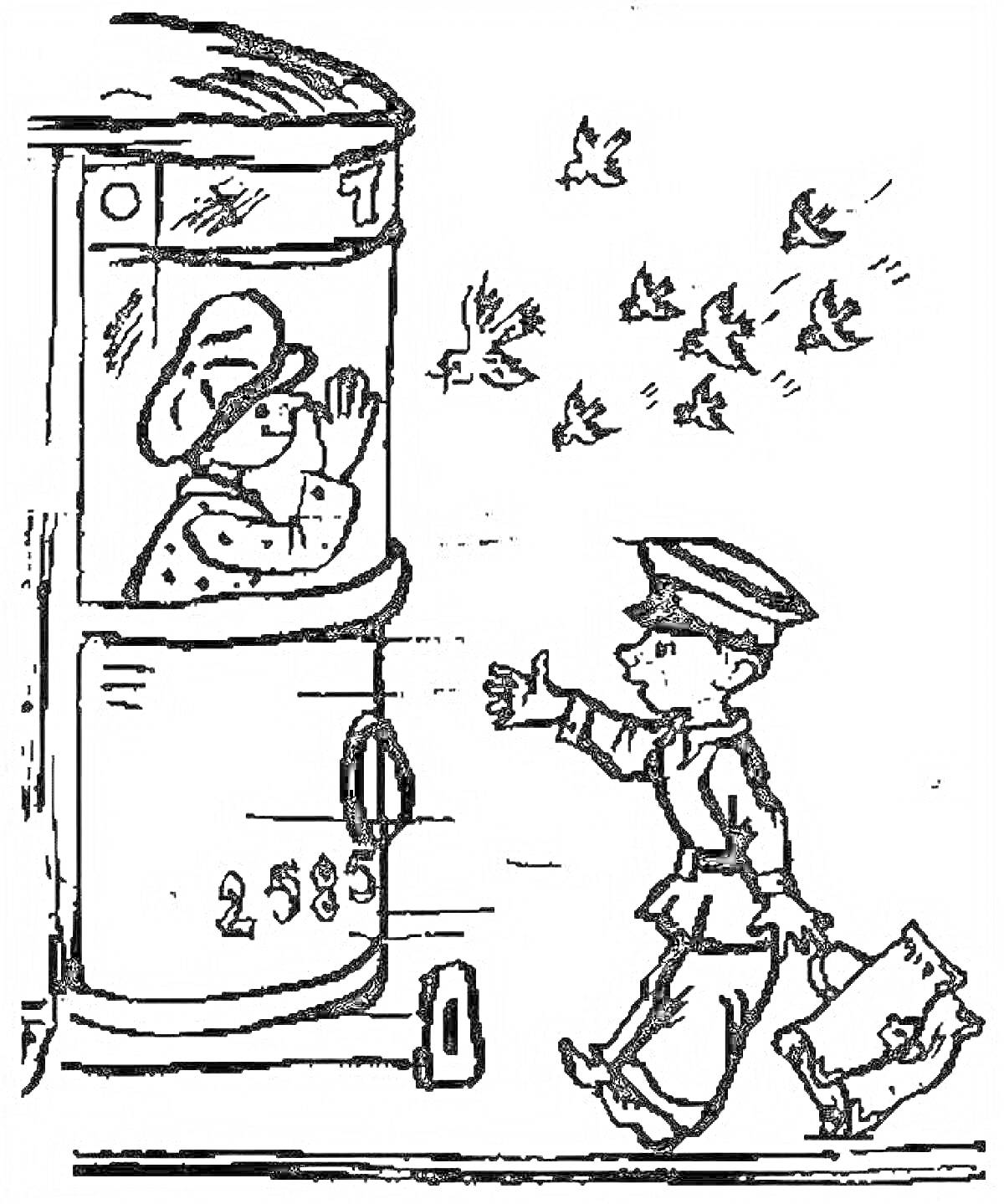 Раскраска Мальчик в форме с портфелем перед трамваем и мужчина в трамвае, улетающие птицы